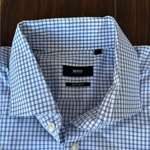 Boss Men's Checkered Blue and White Dress Shirt